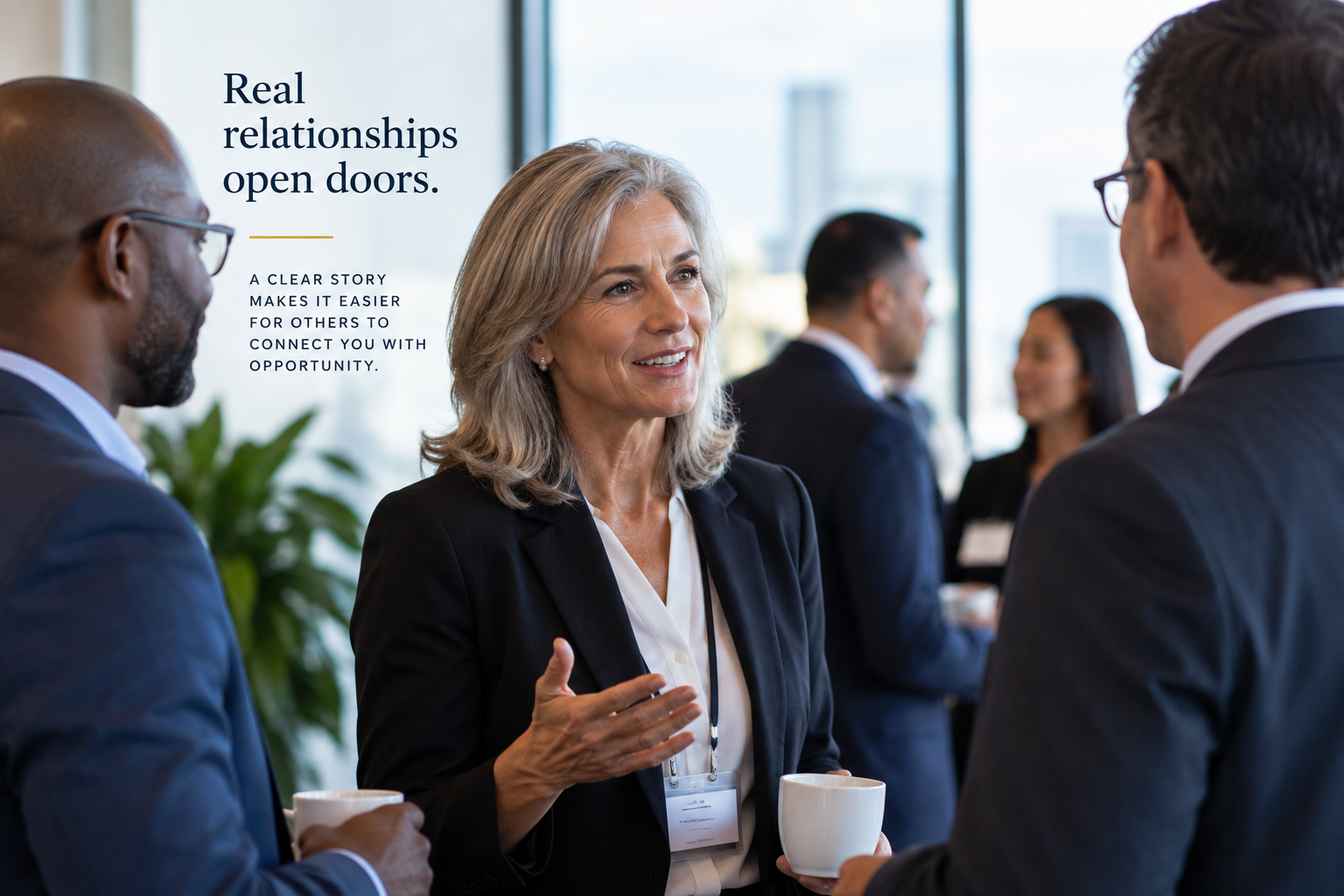 Experienced professionals building relationships through an executive networking conversation