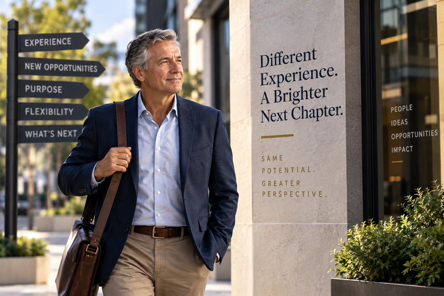 Experienced professional walking confidently on an urban street, representing career transition and new opportunities