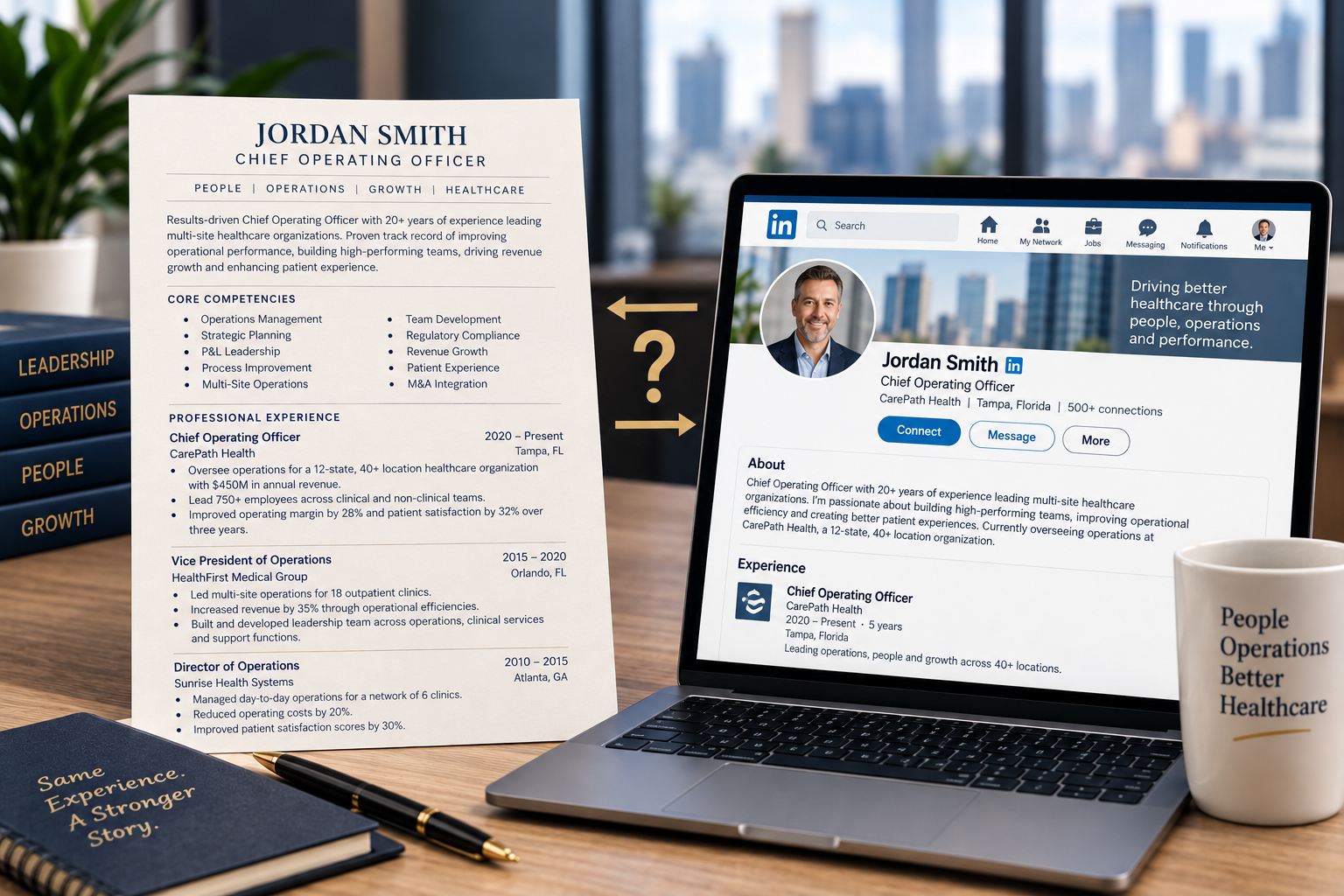 Side-by-side comparison of a resume and LinkedIn profile for experienced professionals